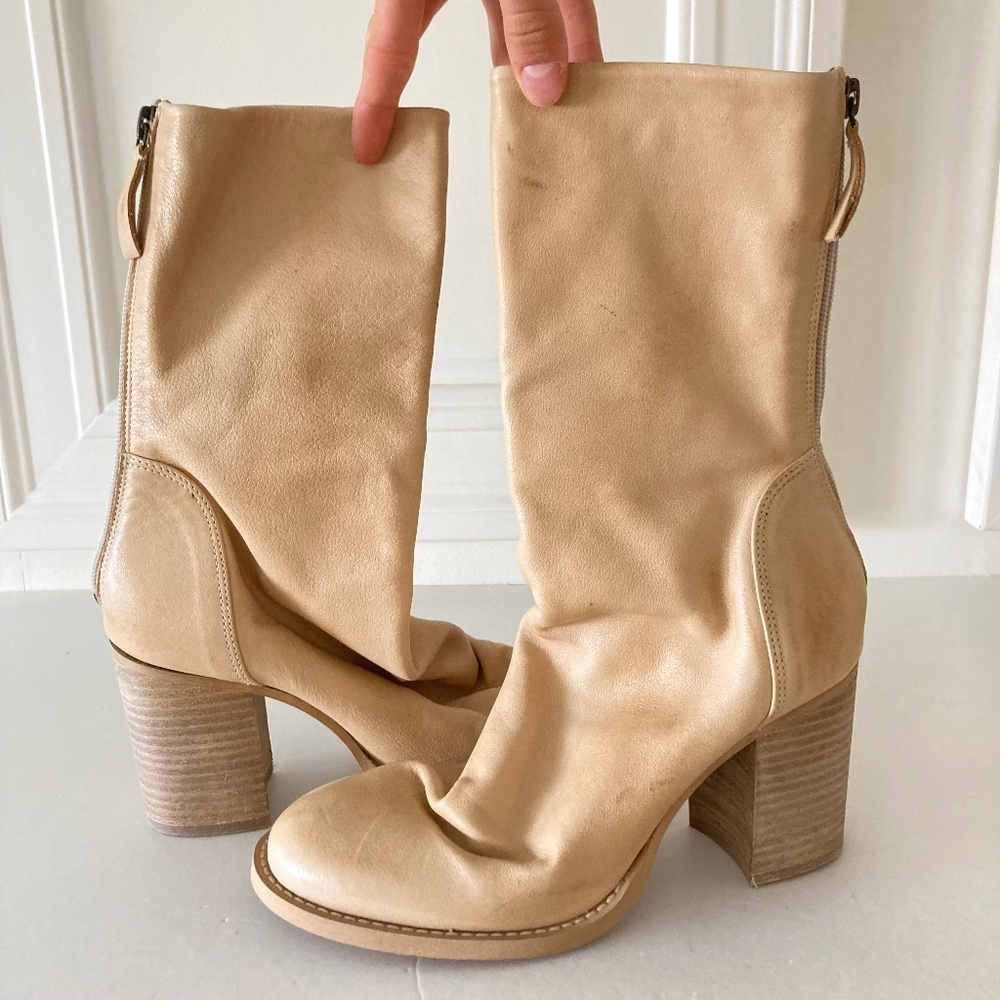 NWOT Free People Elle Block Heel Natural Leather Boots Sz 38